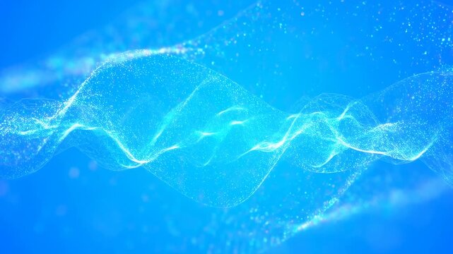 Dynamic flow of glowing blue particles in abstract wave patterns over time