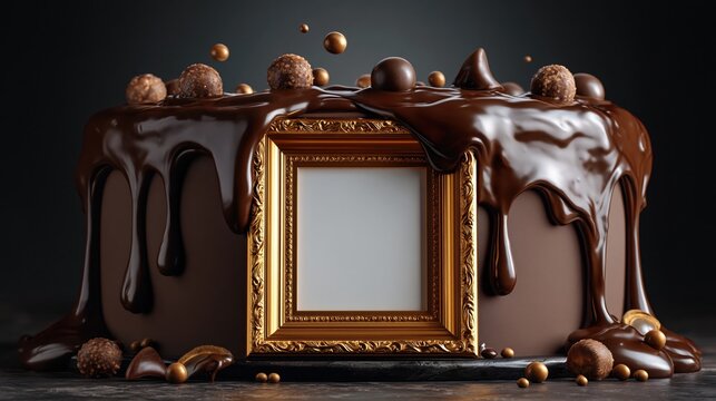 Decadent chocolate cake with dripping glaze and empty golden frame. Luxury dessert with blank copy space for text. Creative gourmet celebration concept