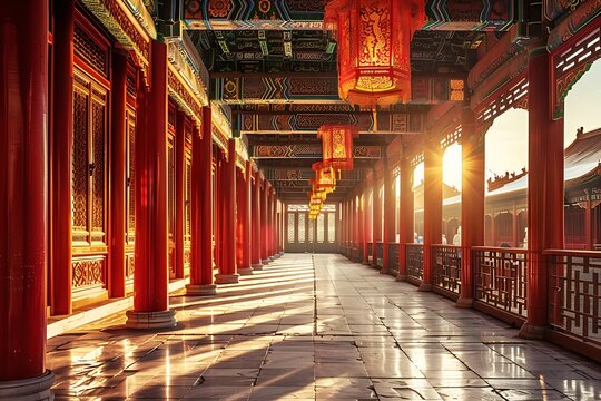 Warm-toned red brick staircase with ornate railings and lanterns, interior view background