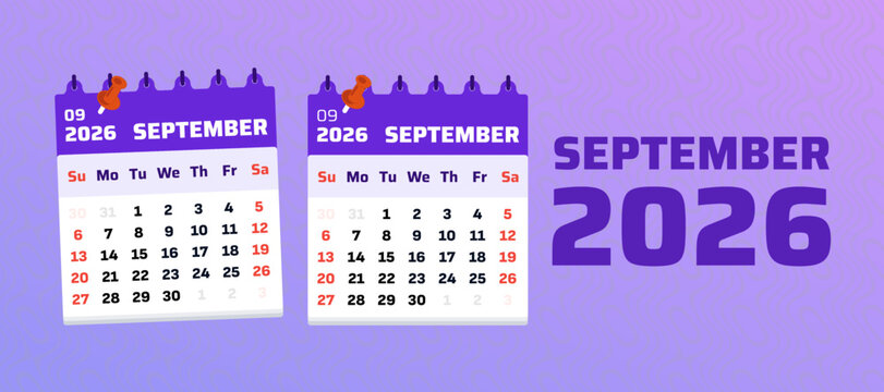 September 2026 calendar banner featuring a clean monthly layout with twin calendar pages and bold typography. Suitable for planner templates, scheduling projects, office organizers, and productivity