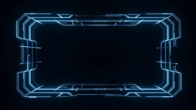 Static shot of holographic frame pulsing and flickering in dark futuristic interface center with glowing blue circuit style border animation
