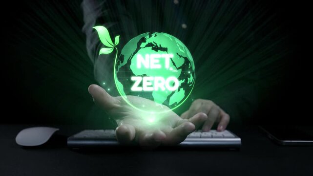 A visual representation of net zero emissions, showcasing a glowing Earth in hand surrounded by green icons symbolizing technology, sustainability, and environmental awareness. Qubit