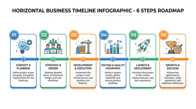 Vector illustration of horizontal business timeline infographic with six steps roadmap