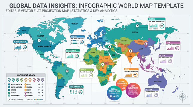 Vector illustration of global data insights infographic world map template with statistics and key analytics