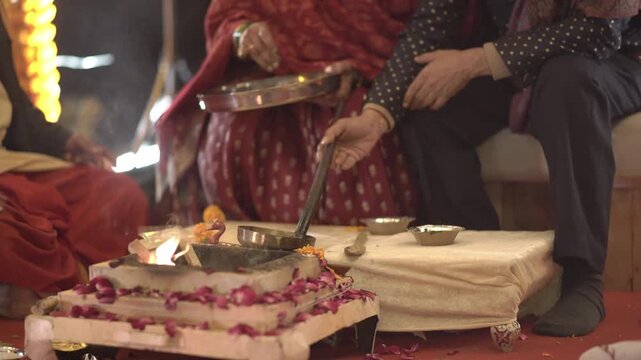 Hindu Wedding Ritual Ceremony with Bride and Groom Performing Sacred Traditions, Pheras, Mandap Puja, and Indian Marriage Customs