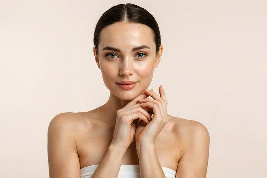Beautiful model with glowing skin and elegant pose for luxury skincare campaign.