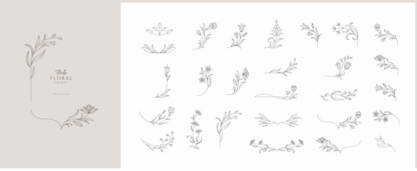 Obraz premium Set of calligraphic floral frames and branches. Constructor of floral decoration. Delicate botanical branch in arcs form with flowers and leaves, intricate hand drawn