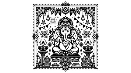 Obraz premium Ornamental Lord Ganesha line art illustration, isolated on a transparent background. Perfect for Hindu festivals.