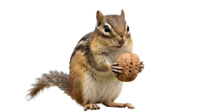 A cute chipmunk holding a walnut in its paws isolated on transparent background