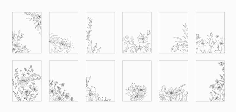 Set of card with blooming hand drawn flowers and brunch. Detailed template layout design, brochure or cover for Valentines day or wedding