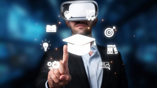 A person immersed in virtual reality explores educational tools and concepts through interactive icons, showcasing the future of learning and technology integration. Raster