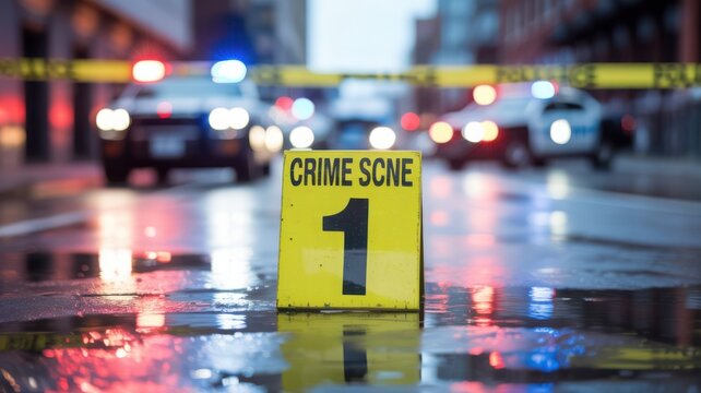 Crime scene marker on wet street with police cars and tape