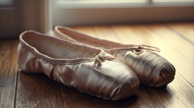 Worn ballet slippers rest on wooden floor near window. Soft light highlights texture and creases of fabric. Shoes suggest dedication to dance or performance. Ideal for themes like art, passion