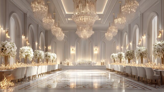 Wedding venue with background, white floral decorations, and chandeliers