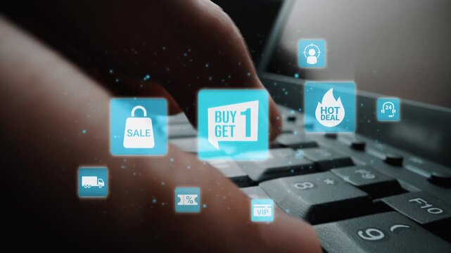 Sale and promotion icons with hot deal, discount tag, shopping bag, limited offer, coupon, VIP card, buy one get one, online shopping, and special event sale. Funnel