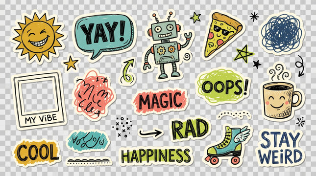 Funky hand drawn doodle sticker set for scrapbook collage art. Vintage retro mixed media collection with robot pizza sun roller skate and cool quotes. Grunge graphic elements for design work.
