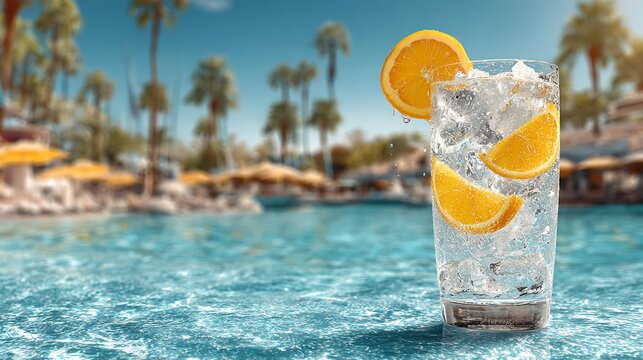 Yellow cocktail with salt rim served on beach with palm trees background