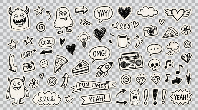 Collage funky elements set, cut out paper hand drawn doodles and scribble shapes collection. Grunge clipping monster stickers for scrapbook, journal, and urban pop art design projects for bloggers.