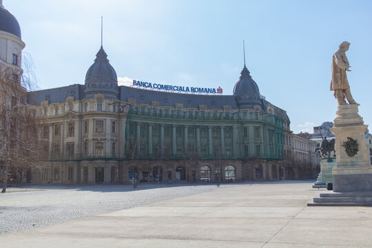Historic Banca Comerciala Romana building viewed from Revolution Square in Bucharest, Romania March 15 2026