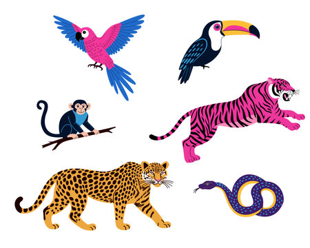 A flat vector collection of exotic jungle animals and birds isolated on a white background. A pink tiger, leopard, blue monkey on a branch, flying pink parrot, toucan, and a patterned snake. EPS 10