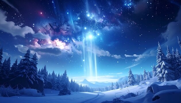 A serene snowy landscape with a radiant celestial display
