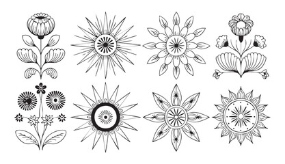 Collection of decorative floral line art icons featuring abstract blooming flowers and sun motifs. © Mohammad