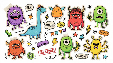 Funny monster collage cut outs set. Fun creature stickers with hand drawn doodles, scribble shapes and quirky characters. Trendy scrapbook mixed media vector illustration, alien and dinosaur art. © Itx Musa
