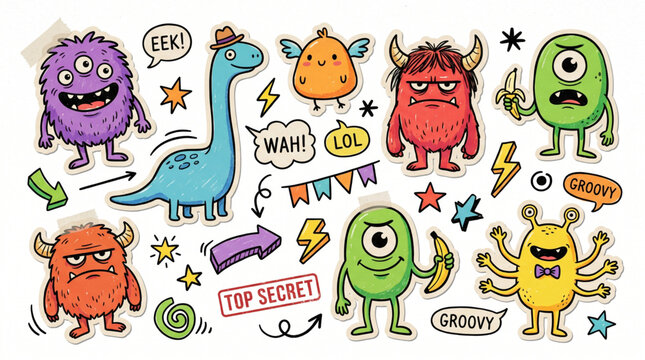 Funny monster collage cut outs set. Fun creature stickers with hand drawn doodles, scribble shapes and quirky characters. Trendy scrapbook mixed media vector illustration, alien and dinosaur art.