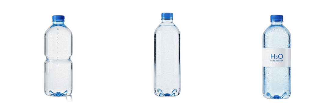 Set of Transparent Plastic Water Bottles Isolated on White Background, Refreshing Mineral Water Packaging Mockup, Clear PET Container with Blue Cap, Healthy Hydration Product Photography PNG Cutout fo