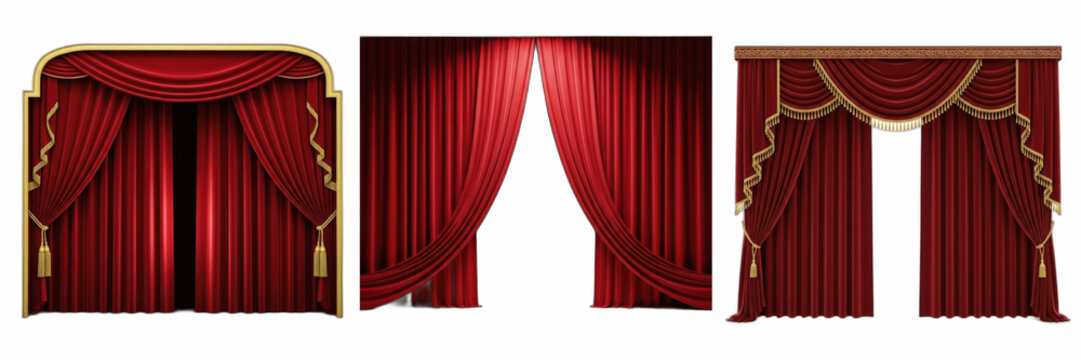 Set of Luxury Red Velvet Theater Curtains Isolated on White Background, Cinematic Stage Drapes PNG Cutout, Ornate Gold Trim Valance, Professional Event Backdrop and Performance Stage Design Elements f