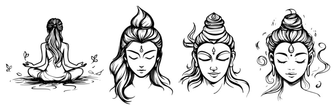 Meditation and spiritual female head collection featuring zen goddesses in detailed line art style