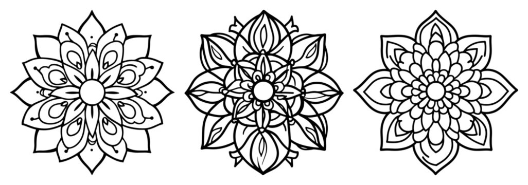 Symmetrical mandala ornaments and floral geometric patterns in linear coloring book style