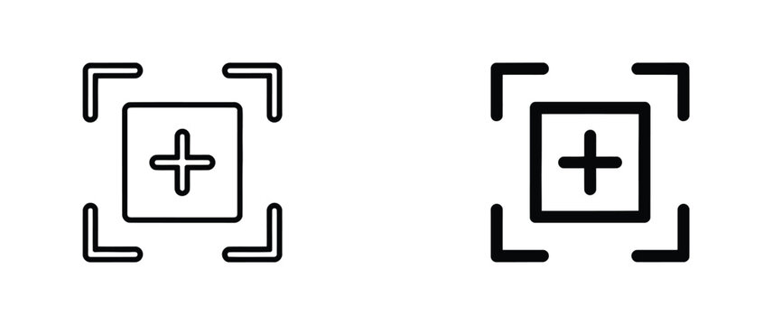 Camera focus icon vector illustration, photography targeting frame symbol for autofocus, shooting precision and media technology design.