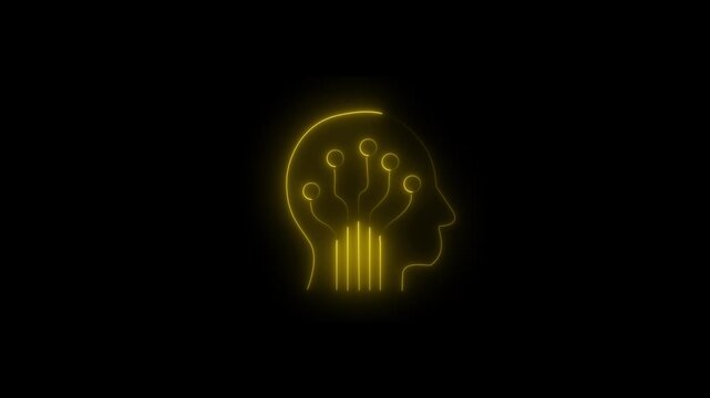 glowing neon Brain and human head icon, Human head line icon 4k animation.