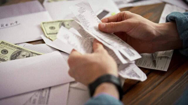At a cluttered table, a man uses a calculator while sorting receipts and banknote-filled envelopes, drafting his home budget for the next period, emphasizing careful financial planning