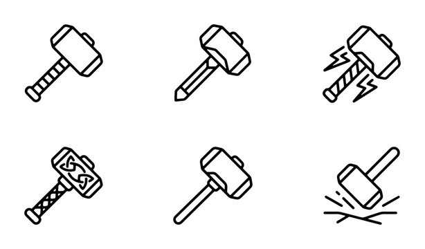 Hammer Icons Set, Thor's Mjolnir Vector Graphics, Norse Mythology Symbols, Tool Icons Collection