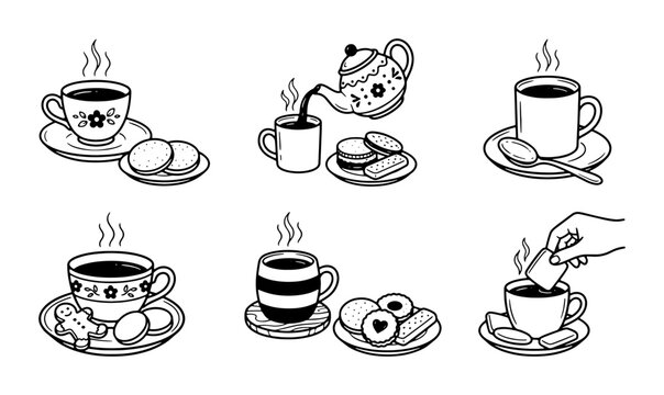 Tea Time Icons, Coffee Break Illustrations, Hot Beverage Set, Biscuit & Cookie Graphics