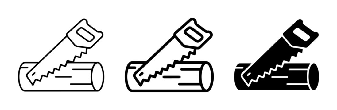 Sawing Wood Icons, Carpentry Tools, Timber Cutting, Construction Symbols