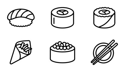 Sushi Icons Set, Japanese Food Vector Graphics, Asian Cuisine Illustrations, Simple Food Symbols © Sojib