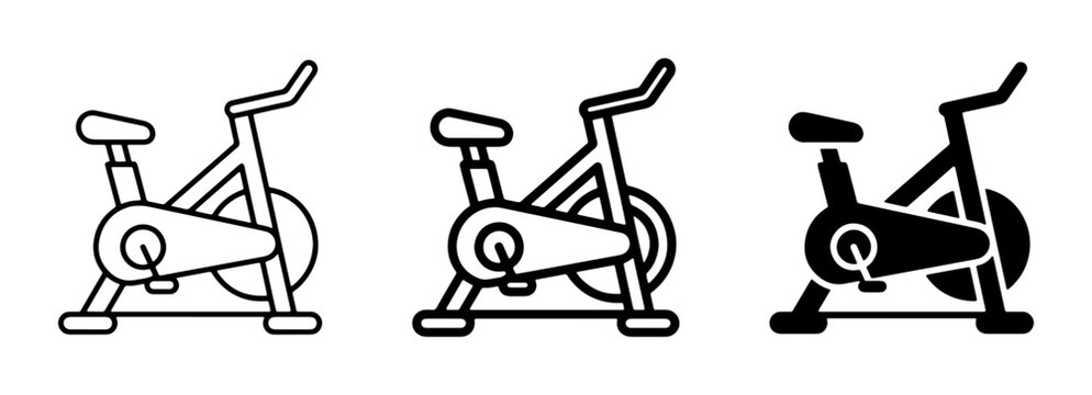 Stationary Bike Icons, Exercise Bicycle Vector Graphics, Indoor Cycling Equipment Set