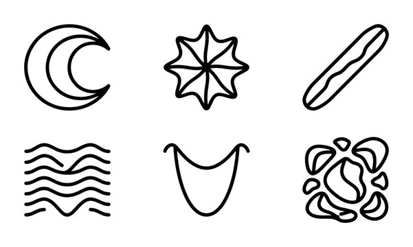 Simple Line Icons: Crescent Moon, Starburst, Sausage, Waves, Smile, Abstract Shapes Set