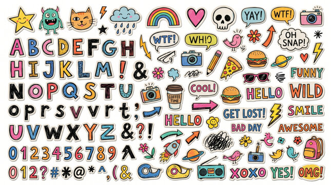 Trendy doodle stickers set. Scrapbook collage elements with alphabet numbers funny phrases urban punk patches food icons emoji characters. Grunge lettering. Retro street style mixed media bundle for d
