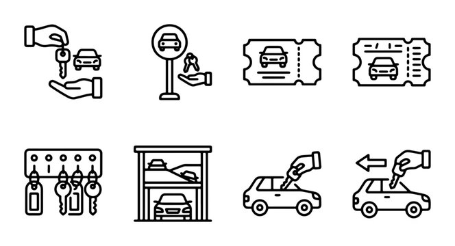 Car Rental Icons, Parking Lot Symbols, Key Exchange Graphics, Transportation Service Icons
