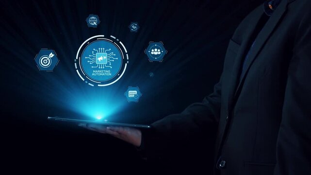 Marketing automation diagram showcase AI-driven campaign workflow, highlight marketing automation, data-driven strategy, marketing automation tools, and market automation process in business. Elide