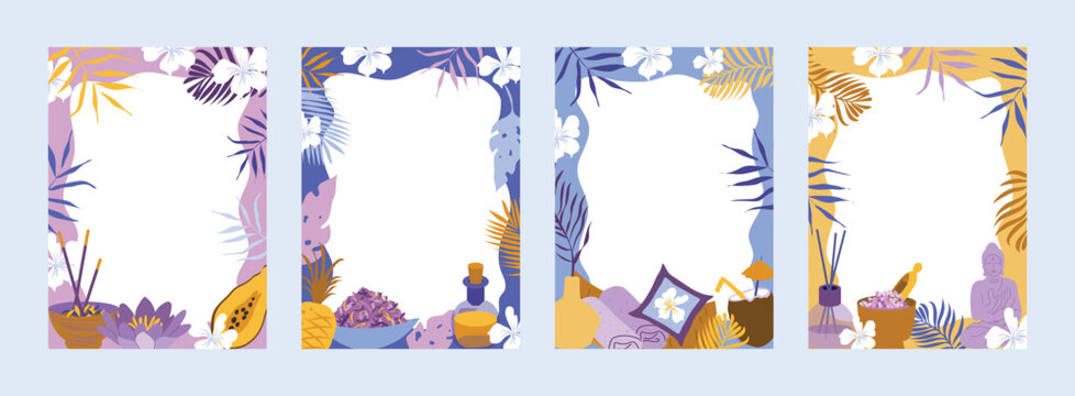  Set of 4 exotic Thailand border frames with copy space. Vector illustration of vertical spa resort menu card templates with buddha, coconut cocktail, lotus and tropical palm leaves.