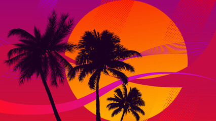 Obraz premium Tropical sunset landscape with palm tree silhouettes on vibrant purple and orange background, retro vaporwave style vector illustration