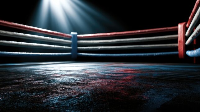 Spotlighted boxing ring with stained floor, intense atmosphere