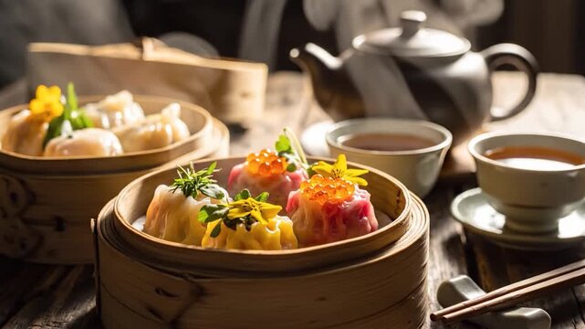 Steamed colorful dim sum dumplings in bamboo steamers served with hot tea and chopsticks on a rustic wooden table with morning sunlight