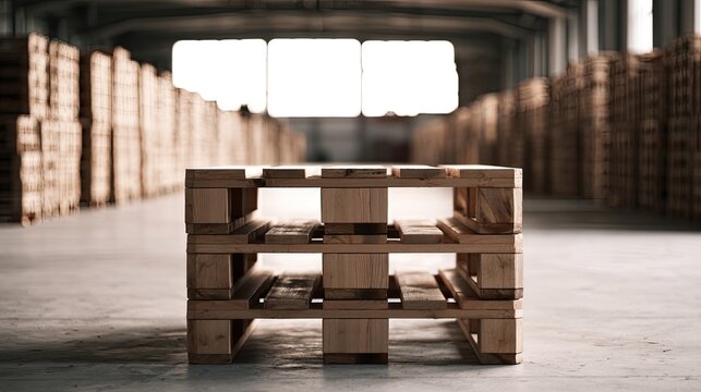 Two wooden pallets stacked on a concrete floor in a bright warehouse