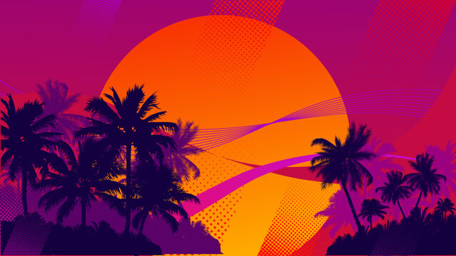 Retro tropical background with palm trees silhouettes and big orange sun, synthwave style summer landscape, vector illustration